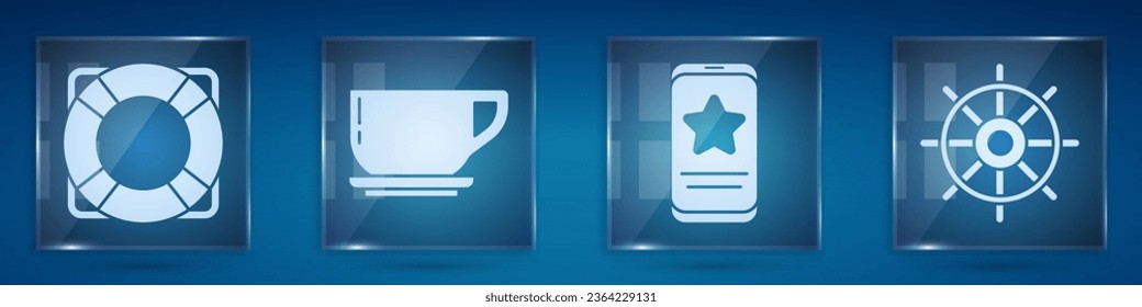 Set Lifebuoy, Coffee cup, Mobile with review rating and Ship steering wheel. Square glass panels. Vector