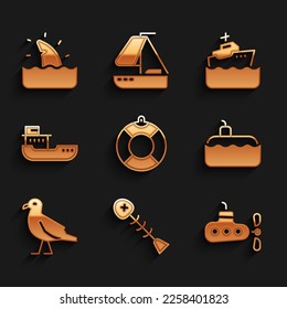 Set Lifebuoy, Dead fish, Submarine, Bird seagull, Cargo ship, Cruise and Shark fin ocean wave icon. Vector