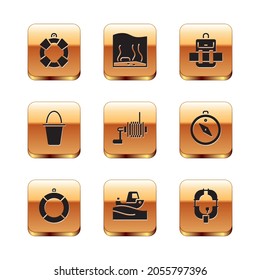 Set Lifebuoy, Fishing boat on water, Spinning reel for fishing, bucket, Hiking backpack, Inflatable and Aquarium icon. Vector
