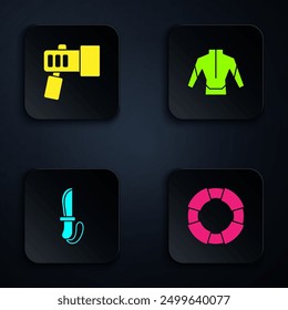 Set Boya salvavidas, linterna, cuchillo y traje de neopreno. Botón cuadrado negro. Vector