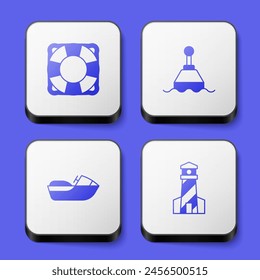 Set Lifebuoy, Floating, Jet ski and Lighthouse icon. White square button. Vector