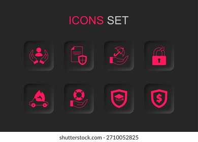 Set Lifebuoy in hand, Contract with shield, insurance, Graduation cap, Broken or cracked lock, Shield dollar, Umbrella and Burning car icon. Vector