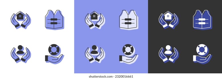 Set Lifebuoy in hand, House, insurance and jacket icon. Vector