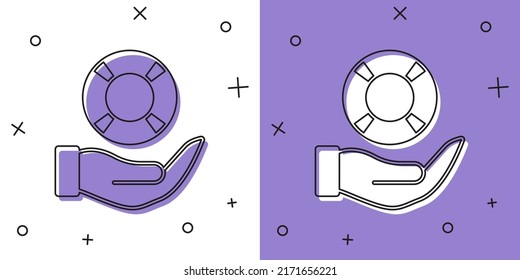 Set Lifebuoy in hand icon isolated on white and purple background. Lifebelt symbol.  Vector