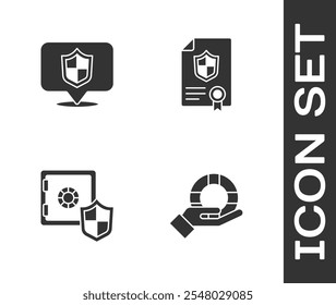 Set Lifebuoy in hand, Location shield, Safe with and Contract icon. Vector