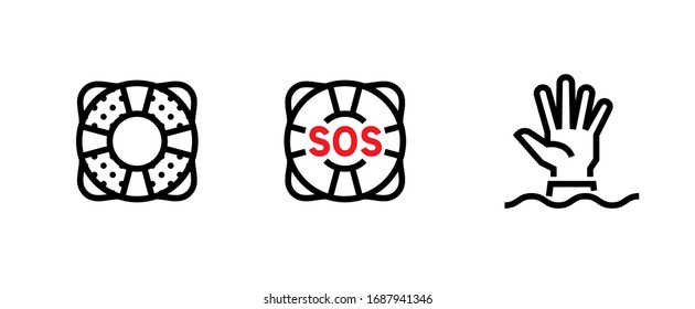 Set of lifebuoy help, distress signal and service icons. Editable line vector. Round support rescue element with text sos and palm hand over the wave. Group pictogram.
