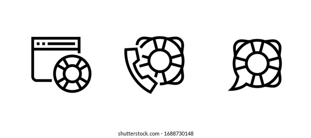 Set von lifebuoy Hilfe Website, Support und Chat-Symbole. Bearbeitbare Vektorillustration. Runder Support Service Element, Monitorfenster, Vintage-Telefon-Empfänger und Nachrichtenblase. Piktogramm für Gruppen.
