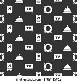 Set Lifebuoy, Hotel service bell, Airline ticket and Smart Tv on seamless pattern. Vector