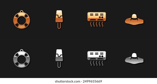 Set Lifebuoy, Ice cream, Air conditioner and Elegant women hat icon. Vector