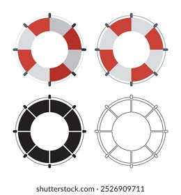 A set of lifebuoy icons. Colored lifebuoy, outline, silhouette. Vector illustration isolated on a white background for design and web.