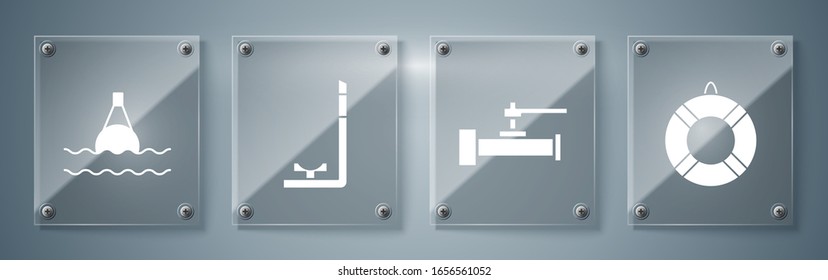 Set Lifebuoy, Industry metallic pipes and valve, Snorkel and Floating buoy on the sea. Square glass panels. Vector