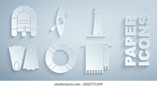 Set Lifebuoy, Lighthouse, Rubber flippers, Towel on a hanger, Kayak or canoe and paddle and Rafting boat icon. Vector