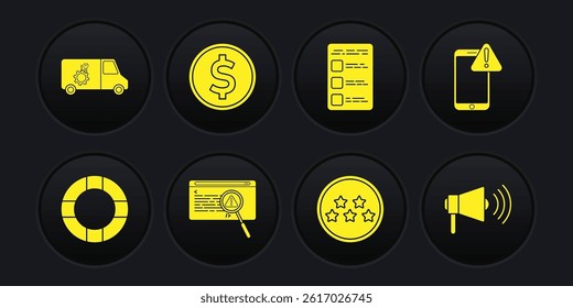 Set Lifebuoy, Mobile with exclamation mark, System bug concept, Five stars rating review, Create account screen mobile, Coin money dollar, Megaphone and Car service icon. Vector