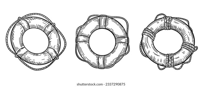 Set of lifebuoy with rope isolated sketch. Hand drawn life ring in engraving style collection. Vintage vector illustration