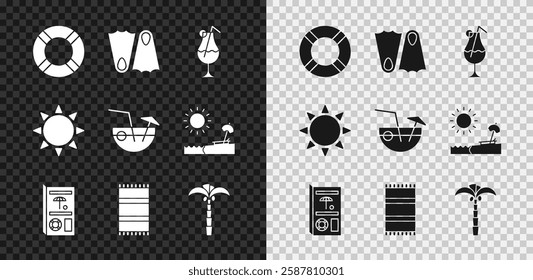 Set Lifebuoy, Rubber flippers, Cocktail and alcohol drink, Travel brochure, Beach towel, Tropical palm tree, Sun and Coconut cocktail icon. Vector