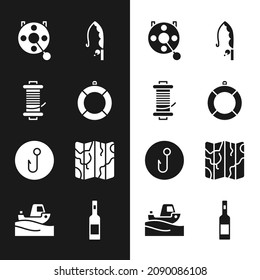 Set Lifebuoy, Spinning reel for fishing, Fishing rod, hook, Folded map, Bottle of vodka and boat on water icon. Vector