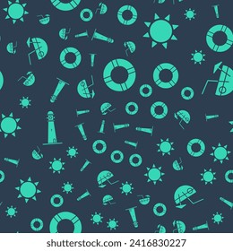 Set Lifebuoy, Sun, Lighthouse and Coconut cocktail on seamless pattern. Vector