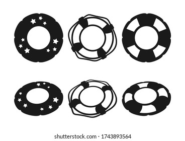 Set of lifebuoy and swimming rings. Black silhouettes, top view and perspective view, isolated on a white background. Summer sea vacation symbol and water safety. Simple vector icon for design