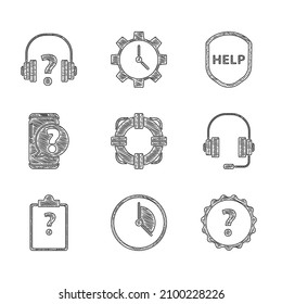 Set Lifebuoy, Time Management, Question mark, Headphones, Clipboard with question marks, Mobile, Shield text Help and  icon. Vector