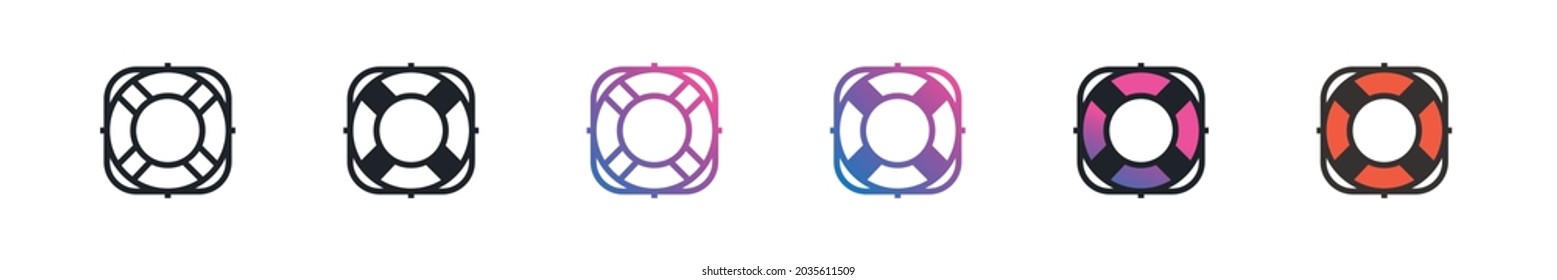 Set of lifebuoy vector outline style line icon isolated on transparent background
