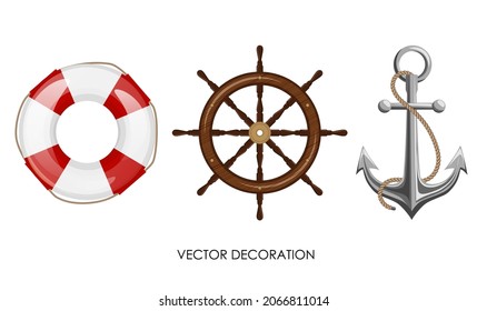 Set of lifebuoy, wooden steering wheel, anchor with rope on white background. Isolated vintage ship objects. Elements of sea boat equipment . Marine theme decoration. Vector illustration
