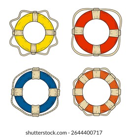 Set of lifebuoys with rope isolated sketch. Hand drawn life rings in engraving style. Vintage vector illustration