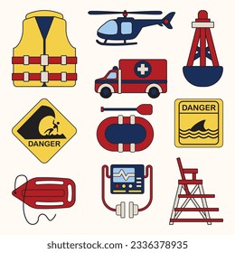 Set Set von Rettungsgeräten einfache Illustration mit flacher Linie
