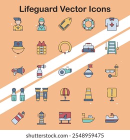 Set of lifeguard icons representing water safety and rescue elements ideal for beach and outdoor themes.