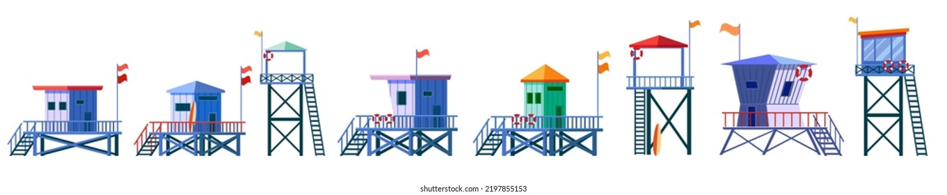 Set of Lifeguard Tower icons. Station beach building