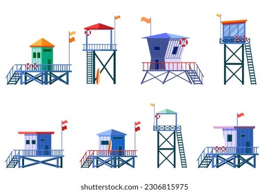 Juego de iconos de la Torre de Salvavidas. Construcción de la playa de la estación