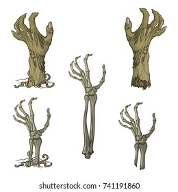 Set of lifelike depicted rotting zombie hands and skeleton hands rising from under the ground and torn apart. Monochrome drawing isolated on white background. EPS10 vector illustration