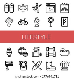 Set of lifestyle icons. Such as Sneakers, Orthodox cross, Eye mask, Bike, Zumba, Relax, Pop up, World pride day, Rune, Cocktail, Electric mixer , lifestyle icons