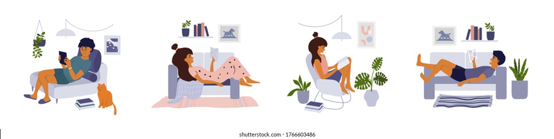 Conjunto de ilustraciones de estilo de vida de la gente lectora. Hombre y mujer joven sostiene un libro o una tableta digital. Biblioteca principal. Los estudiantes estudian sentarse o tumbarse en un sofá en el apartamento. Vector aislado. Fondo blanco