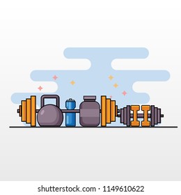 Set of lifestyle sport equipment for fitness gym or power lifting. Flat design vector illustration. 