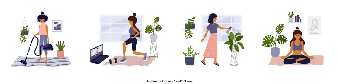 Set of lifestyle vector illustrations of home activities young woman in apartment. Girl doing housework, exercise workout, taking care for houseplants, relax in yoga pose. Isolated on white background