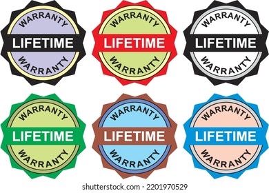 Set Of Lifetime Warranty Seal And Stamp Round Tag. Warranty Extended Guarantee Icon For Product Labels. Editable Vector Eps 10.