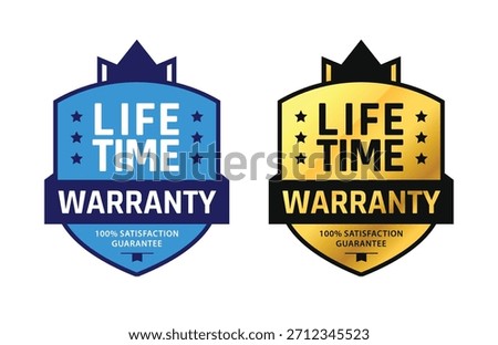 Set of Lifetime Warranty Shield Unique Badge. For Stamp, Imprint, Seal, label, icon, banner, sign, logo, symbol. Template in flat color. Vector Illustration