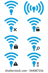 Set of Li-Fi wireless access icons. Li-Fi zone signs with different availability levels. Search Li-Fi icon. Li-Fi access granted and access denied icons. Li-Fi wait icon.