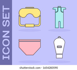 Set Lift bag, Diving mask, Swimming trunks and Wetsuit for scuba diving icon. Vector