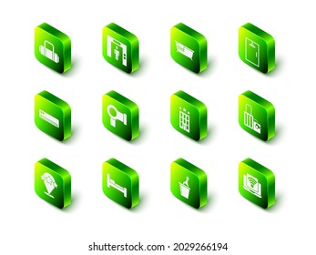 Set Lift, Bathtub, Shower cabin, Suitcase, Wireless laptop, Hotel building, Champagne an ice bucket and room bed icon. Vector