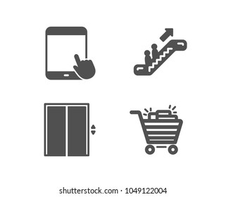 Set of Lift, Escalator and Tablet pc icons. Shopping cart sign. Elevator, Touchscreen gadget, Gifts.  Quality design elements. Classic style. Vector