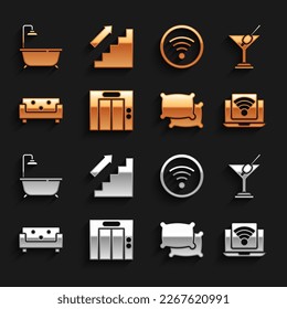 Set Lift, Martini glass, Wireless laptop, Pillow, Sofa, Wi-Fi wireless, Bathtub with shower and Stairs up icon. Vector