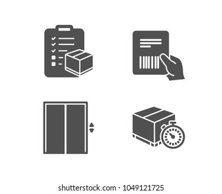 Set of Lift, Parcel invoice and Parcel checklist icons. Delivery timer sign. Elevator, Delivery document, Logistics check. Express logistics.  Quality design elements. Classic style. Vector
