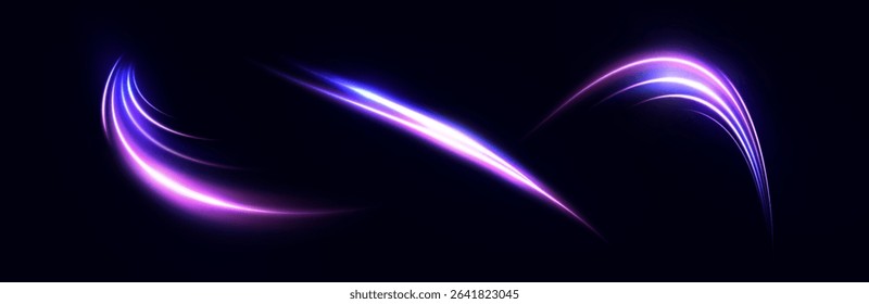 Set of light arcs in violet-blue glow on dark background. Speed ​​and neon radiation effects in sci-fi style.
