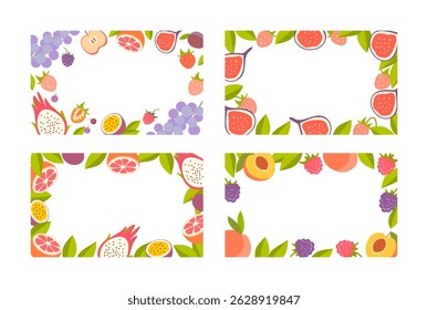 Set light backgrounds with decorative border of berries and fruits in bright colors. Great for summer projects, banners, posters, menus, children's designs, invitations and holiday materials.