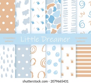 Set of light blue and beige nursery seamless patterns with abstract elements. Baby boy fabric design collection. Doodle style.