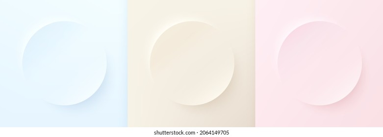 Set light blue  beige   pink circle frame design  Abstract realistic 3D podium scene for cosmetic product display  Collection luxury geometric background and copy space  Top view design 
