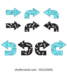 A set of light blue and black silhouettes arrows. Isolated design elements for decoration. Can be use for the site, icon, label, emblem.