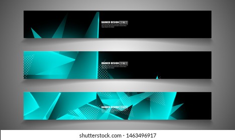 Set of light blue color triangle background header banner. Abstract composition of 3D triangles. Modern geometric blue black background