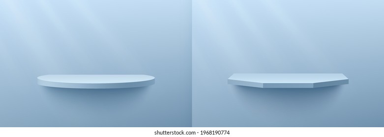 Set of light blue cylinder and hexagon shelf, Pedestal Podium. Bright blue wall scene with window lighting. Vector rendering 3d shape, Product display presentation. Abstract studio room concept.